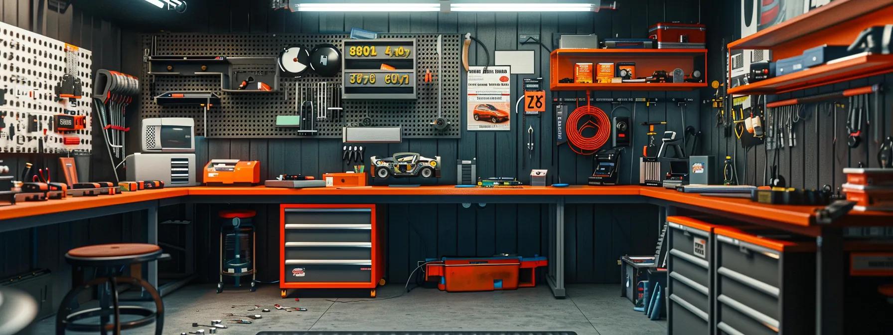 a focused scene inside a modern auto repair shop showcases a sleek workbench cluttered with various locksmith tools, a few disassembled car locks, and a bright, informative poster highlighting diy locksmith techniques on the wall, emphasizing both creativity and professionalism in vehicle security solutions.