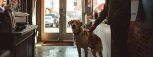 a professional locksmith in a busy st. louis office, expertly unlocking a door while a relieved dog stands by, showcasing the vital role of the locksmith company in reuniting lost pets with their owners.