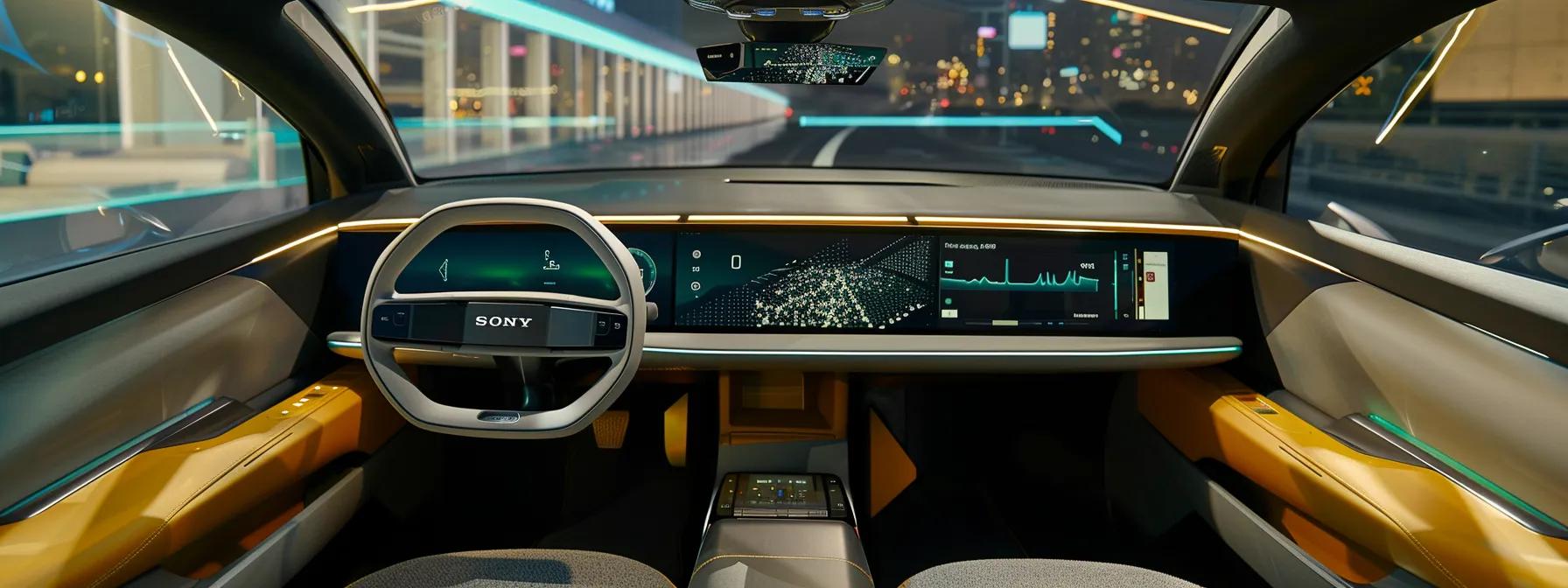 a sleek, modern car interior prominently features a high-tech dashboard displaying biometric verification and smartphone connectivity options, illuminated by ambient lighting that conveys a sense of cutting-edge security innovation.