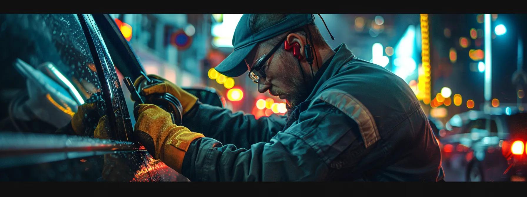 an urban locksmith swiftly approaches a vehicle, tools in hand, under the glare of neon city lights, emphasizing the urgency and efficiency of immediate intervention in securing automotive safety.