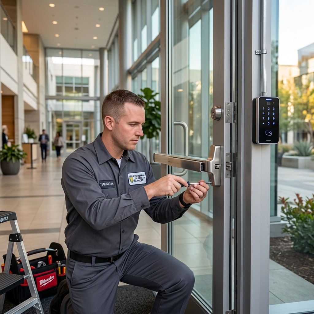 Commercial locksmith technician installing access control system on office door