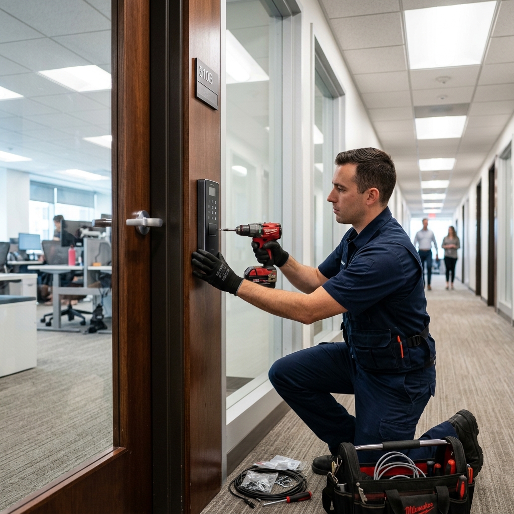 Technician installing electronic access control panel on commercial door