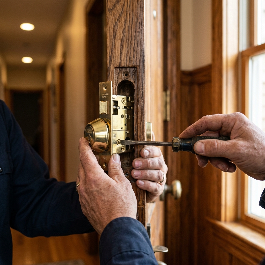 Professional locksmith installing high-security deadbolt on residential door