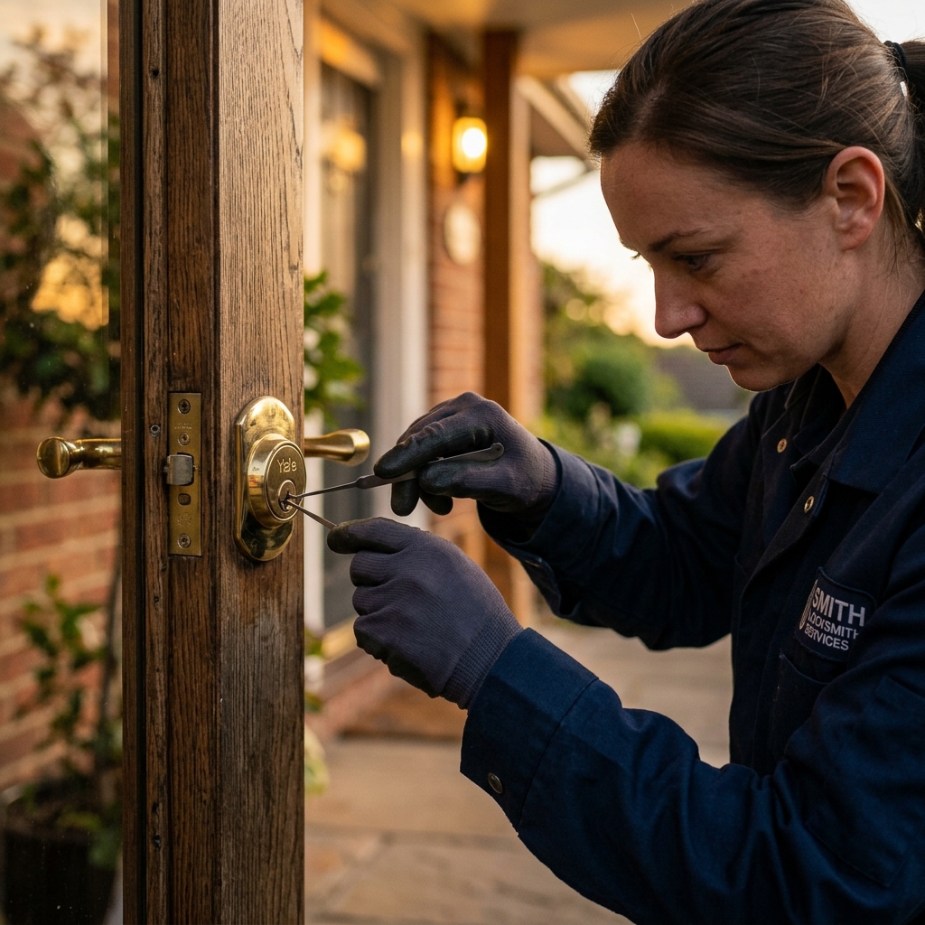 Locksmith installing deadbolt lock on wooden door