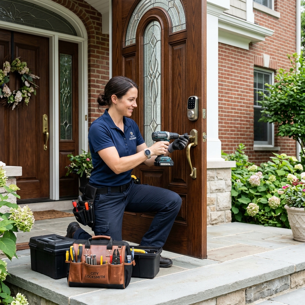 Woman Door - Locksmith testing door lock
