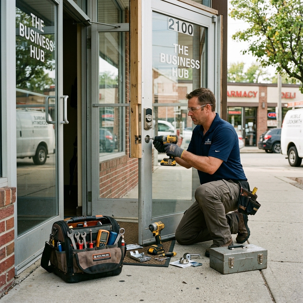 Mobile locksmith technician on-site securing a commercial property